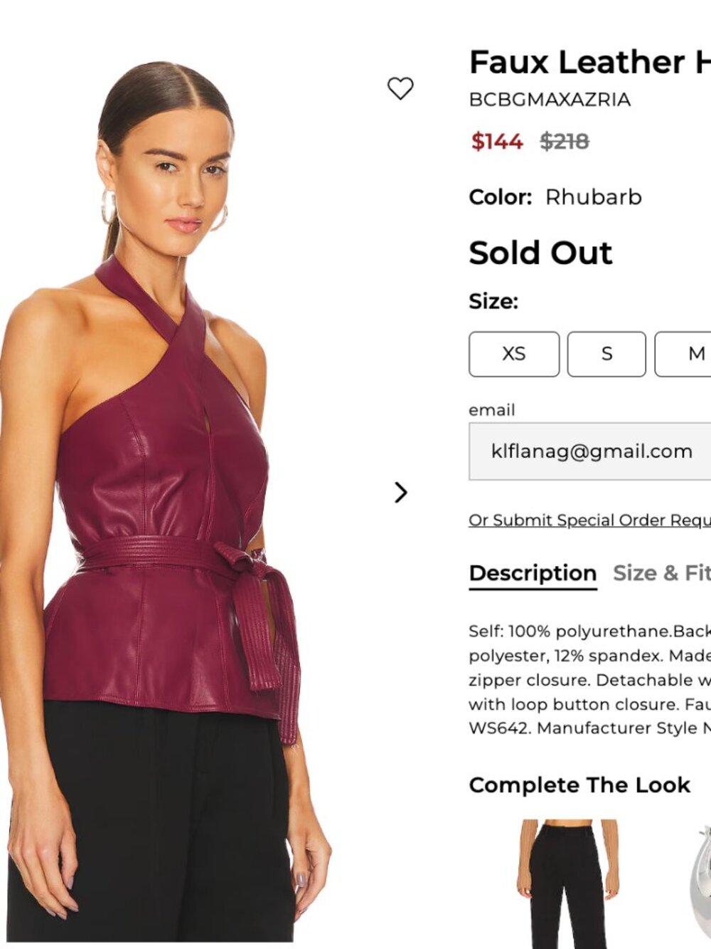 Faux Leather Halter Top BCBGMAXAZRIA Rhubarb Size smal